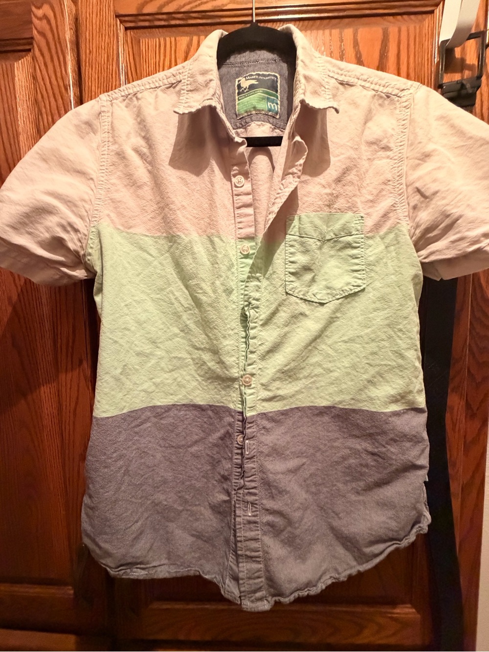 Modern Amusement Colorblock Short-Sleeve Button-Up Shirt in Pink, Mint & Gray